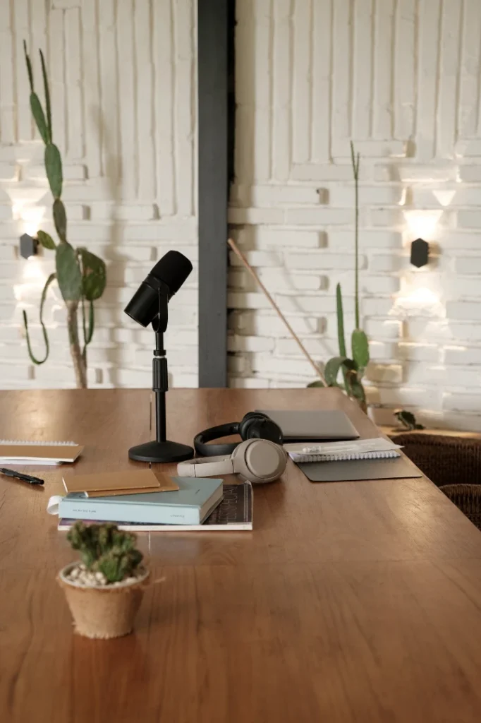 microphone on a brown table